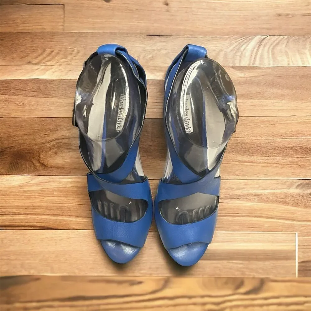 Charles David Blue Leather Stiletto Sandals Peep Toe Ankle Strap Women's Size 8